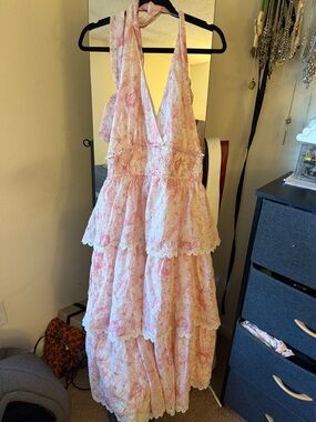 New York & Company Pink and White Floral Tiered Halter Maxi Dress